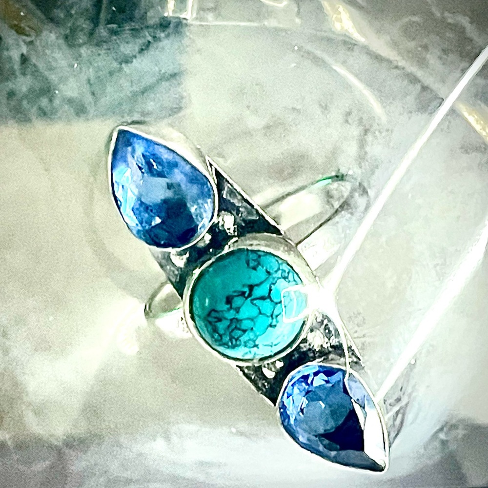 New 925 Sterling Silver Blue Imperial Topaz Turquoise Artisten 3 Tier Ring - Picture 8 of 17